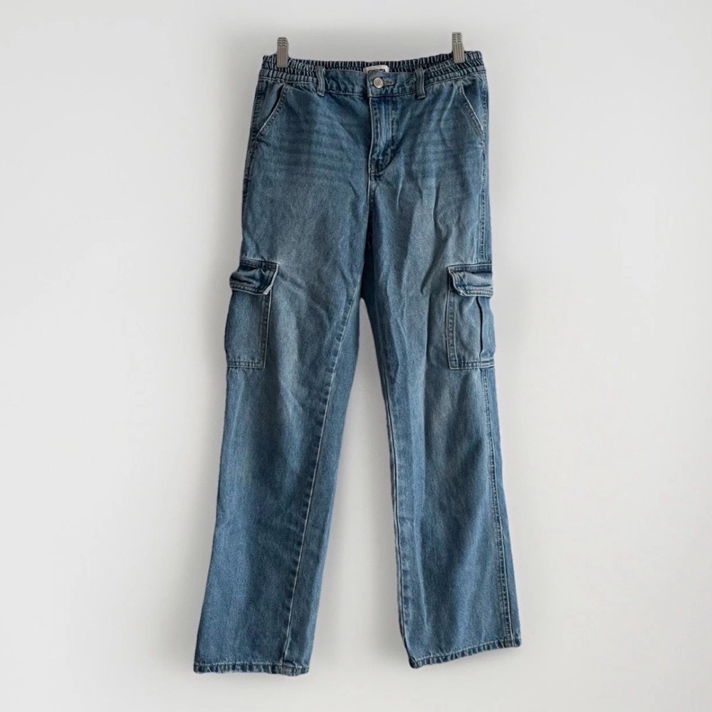 RSQ Girl’s Relaxed Light Blue Cargo Jeans Elastic Waistband Loose Fit